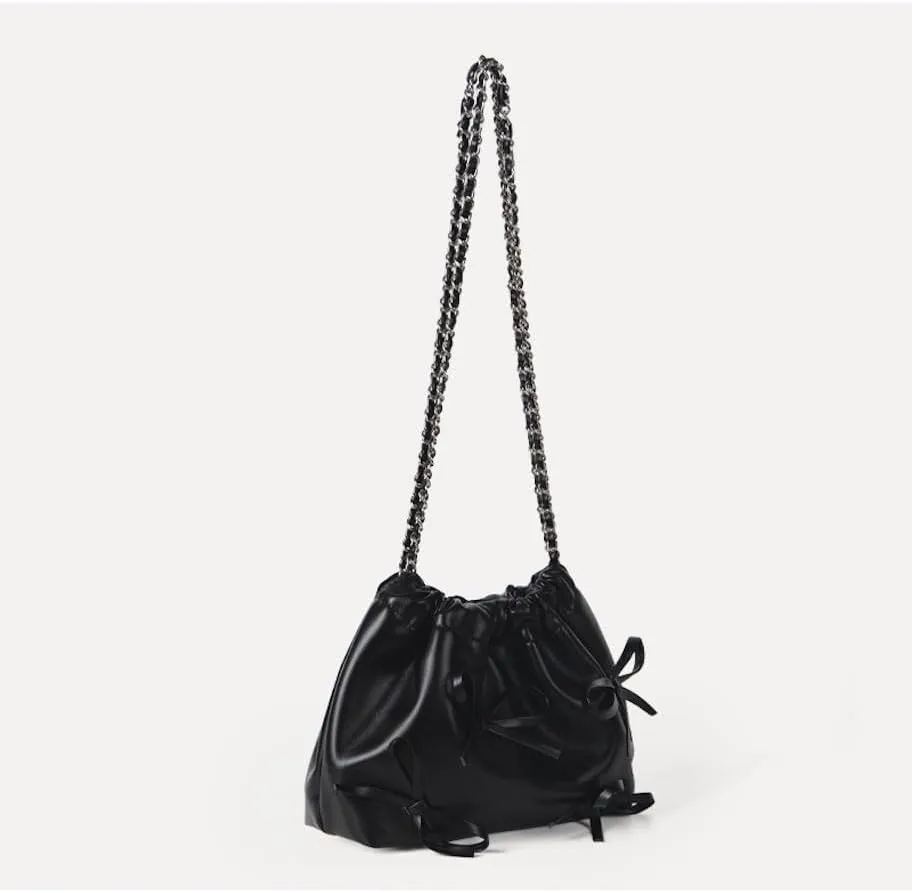 Coquette Shoulder Bag Women Bow Tie Balletcore Crossbody Bag Adjustable PU Leather Shoulder Purse Bucket Bag