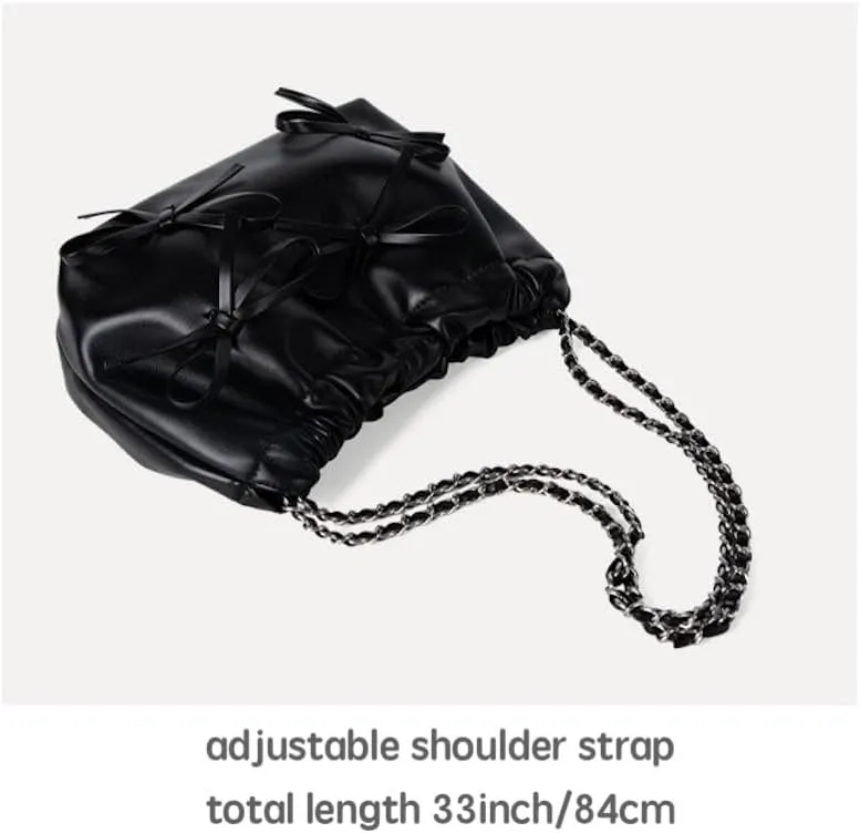 Coquette Shoulder Bag Women Bow Tie Balletcore Crossbody Bag Adjustable PU Leather Shoulder Purse Bucket Bag