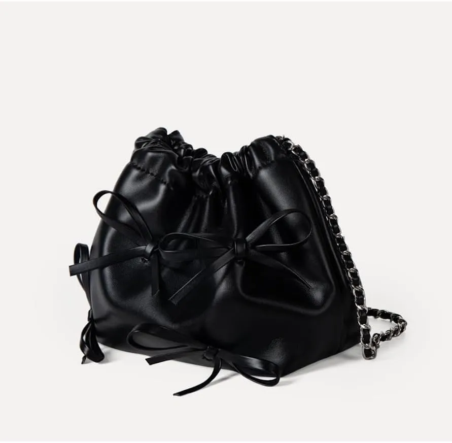 Coquette Shoulder Bag Women Bow Tie Balletcore Crossbody Bag Adjustable PU Leather Shoulder Purse Bucket Bag