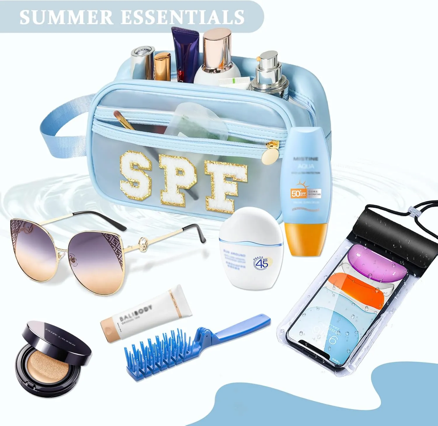 COSHAYSOO Clear Sunscreen Bag Makeup Toiletries Pouch Beach Vacation Essentials Summer Travel Stuff Accessories Personalized Graduation Gifts for Her Women College Teen Girls Teacher Nurse Blue SPF