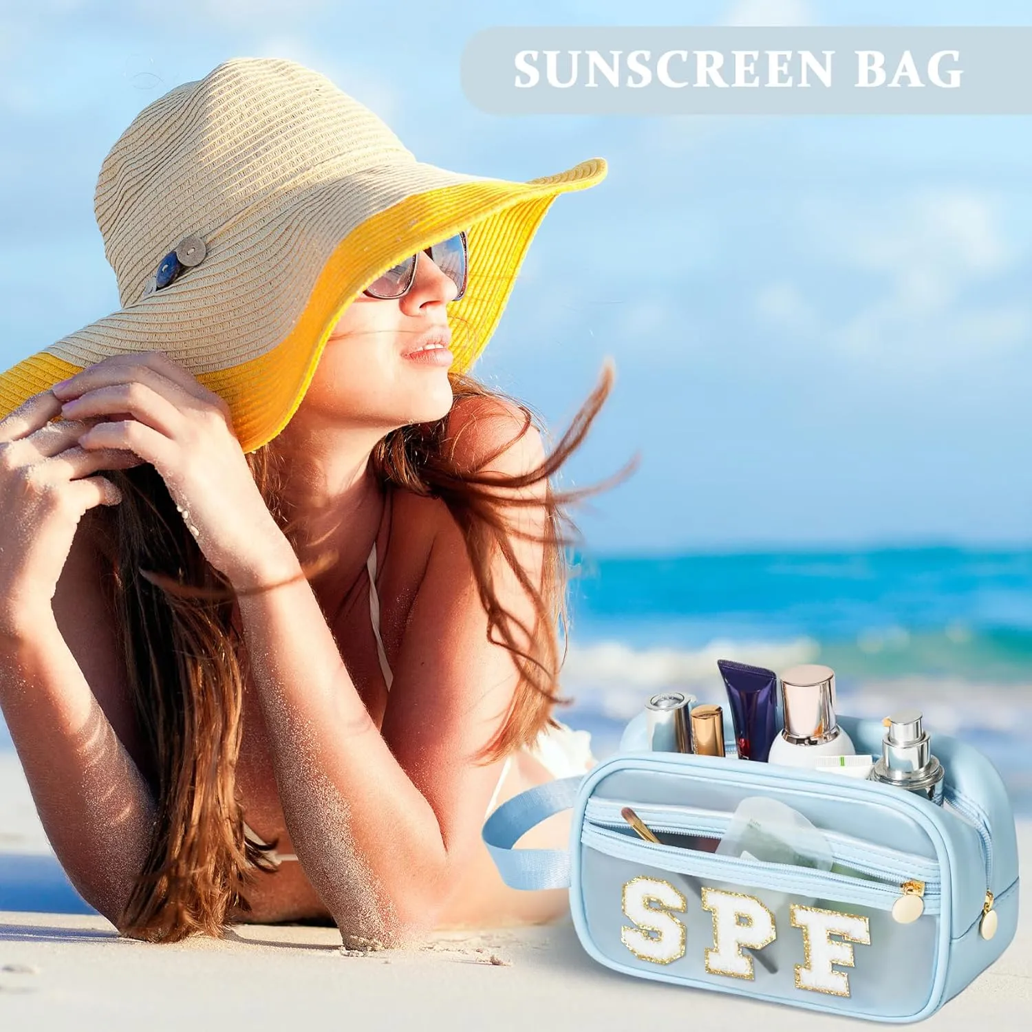 COSHAYSOO Clear Sunscreen Bag Makeup Toiletries Pouch Beach Vacation Essentials Summer Travel Stuff Accessories Personalized Graduation Gifts for Her Women College Teen Girls Teacher Nurse Blue SPF