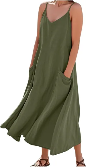 Cotton Linen Maxi Dress for Women Spaghetti Strap Summer Boho Casual Beach Dresses Solid Long Dress Vacation Outfits