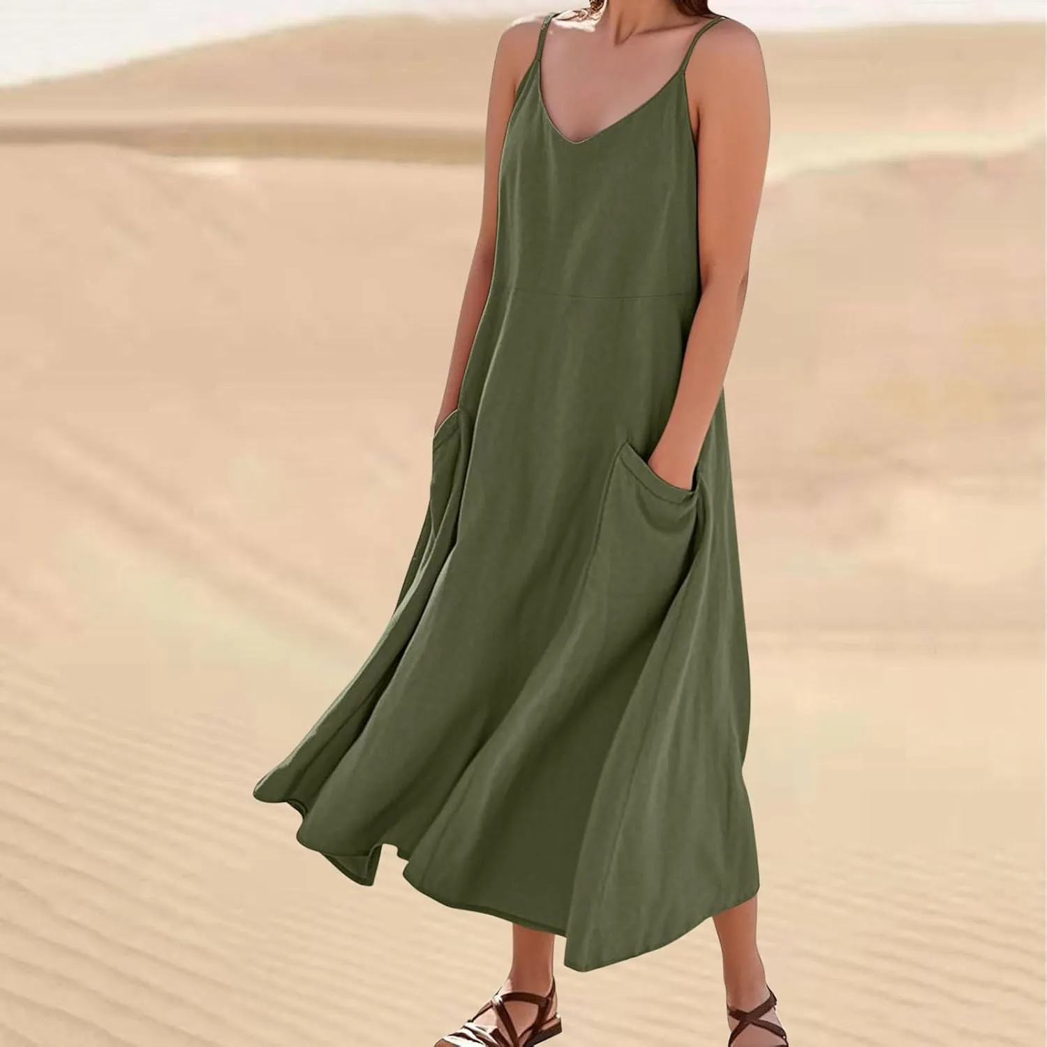 Cotton Linen Maxi Dress for Women Spaghetti Strap Summer Boho Casual Beach Dresses Solid Long Dress Vacation Outfits