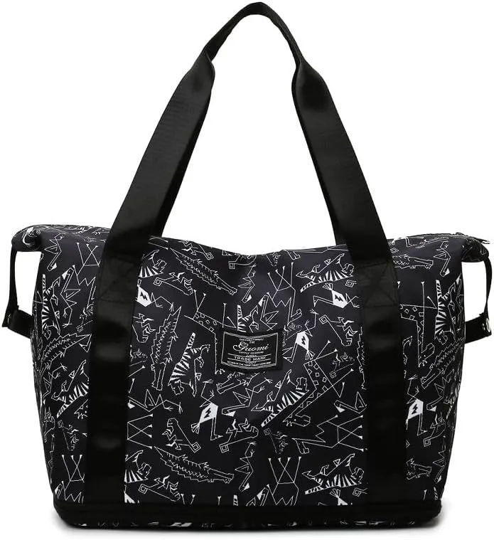 Cow Print Duffle Bag with Shoulder Straps (Black)