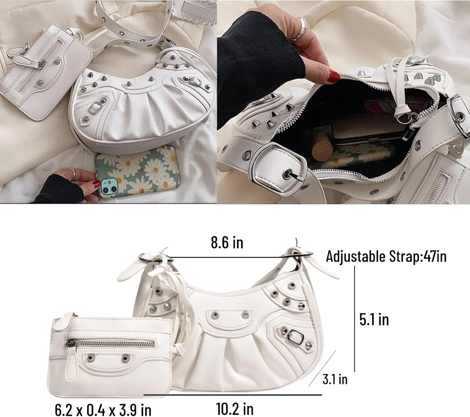 Crossbody Bags For Women 2 Set with Small Purse Rivet Shoulder Bag Adjustable Strap PU Leather Trendy Handbags