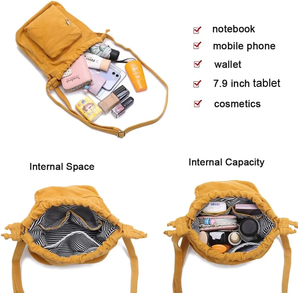 Crossbody Bags for Women Small Canvas Drawstring Bucket Purse Cute Little Boho Bag