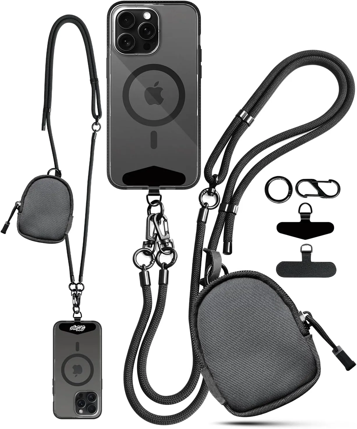 Crossbody Cell Phone Lanyard With Wallet Coin Purse Outdoor Phone Neck Strap with Card Holder Bag Headphone Case (Drak-Black)