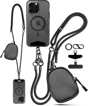 Crossbody Cell Phone Lanyard With Wallet Coin Purse Outdoor Phone Neck Strap with Card Holder Bag Headphone Case (Drak-Black)