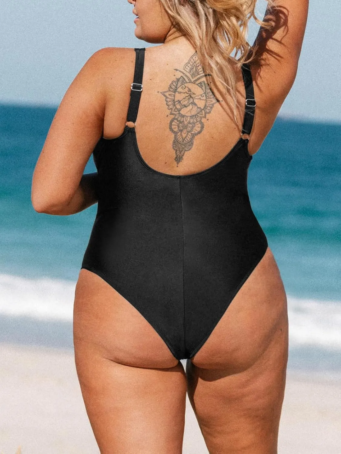 CUPSHE Women Plus Size One Piece Swimsuit V Neck Mesh Sheer Tummy Control Bathing Suit with Adjustable Wide Straps