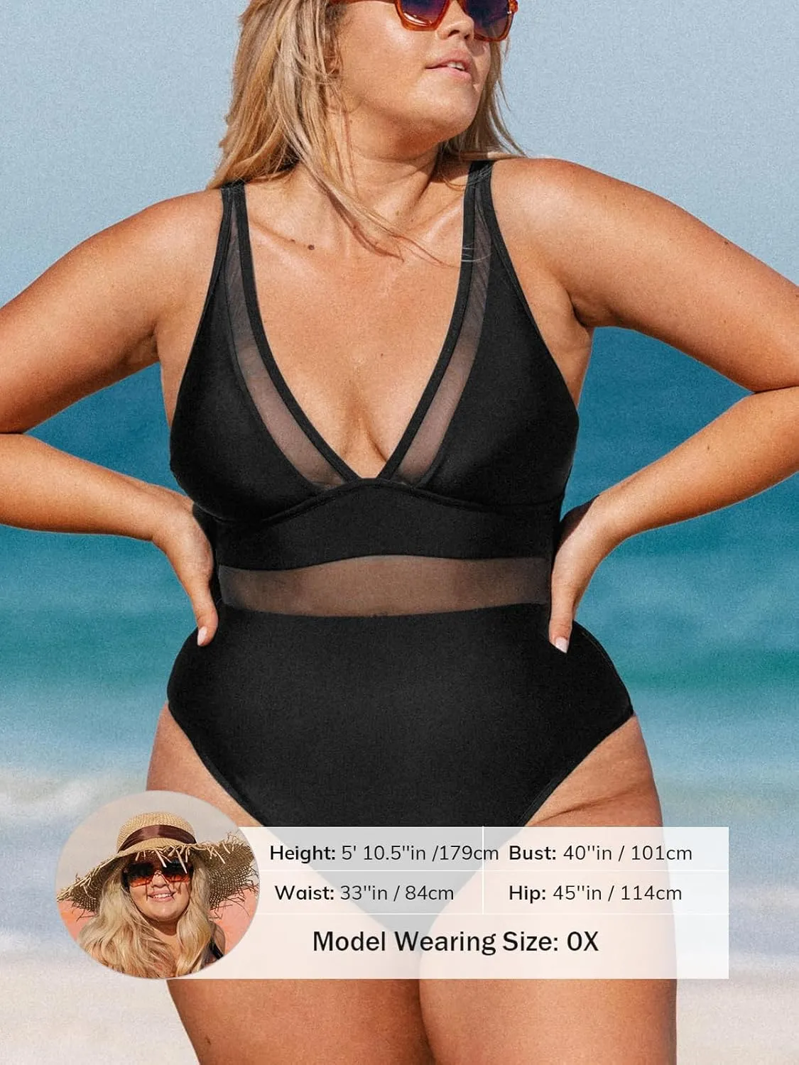 CUPSHE Women Plus Size One Piece Swimsuit V Neck Mesh Sheer Tummy Control Bathing Suit with Adjustable Wide Straps