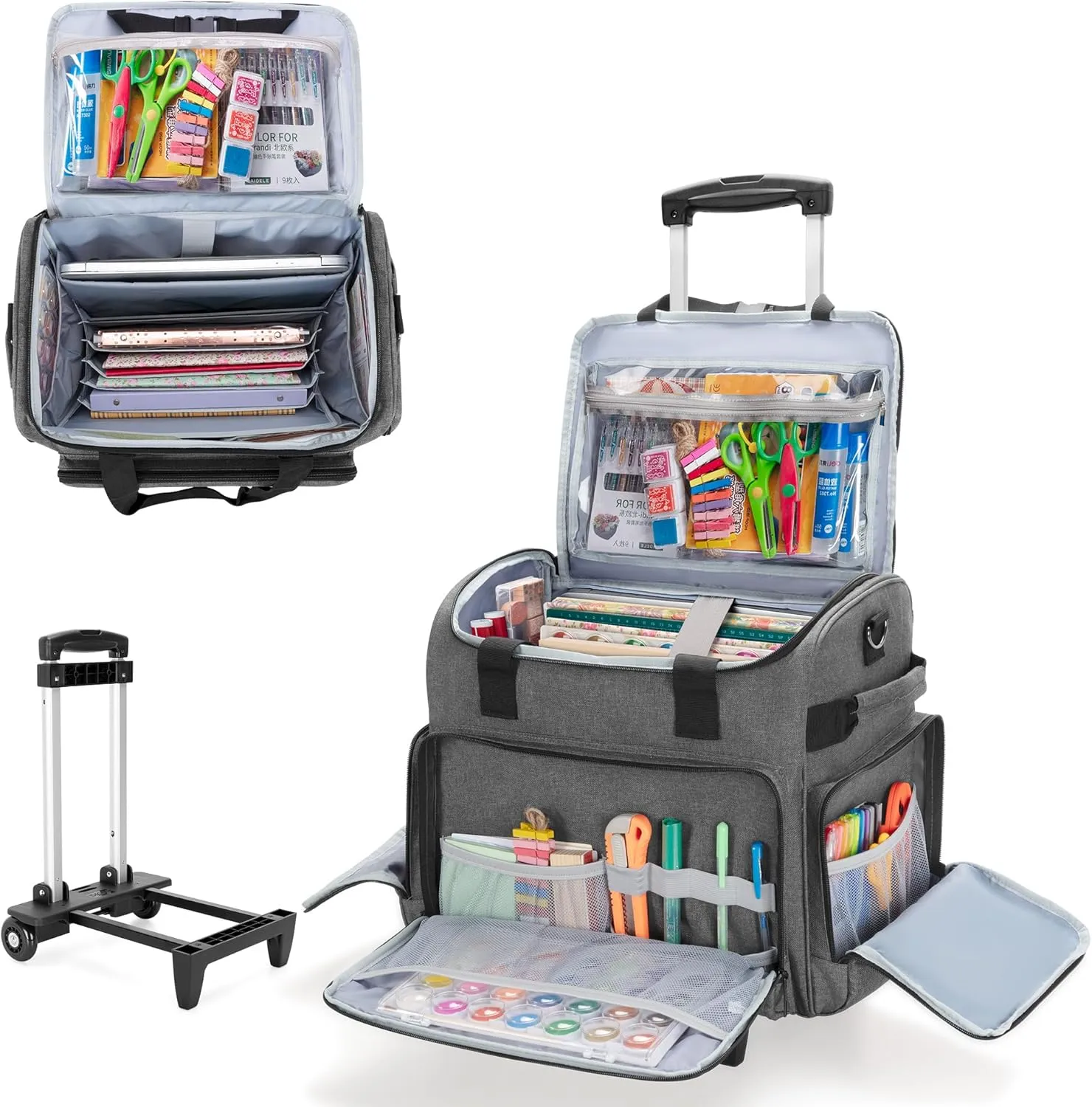 CURMIO Rolling Scrapbook Tote with Wheel, Craft Storage Bag with Expandable File Organizer for Scrapbook Supplies, Albums, Gray (Bag Only)
