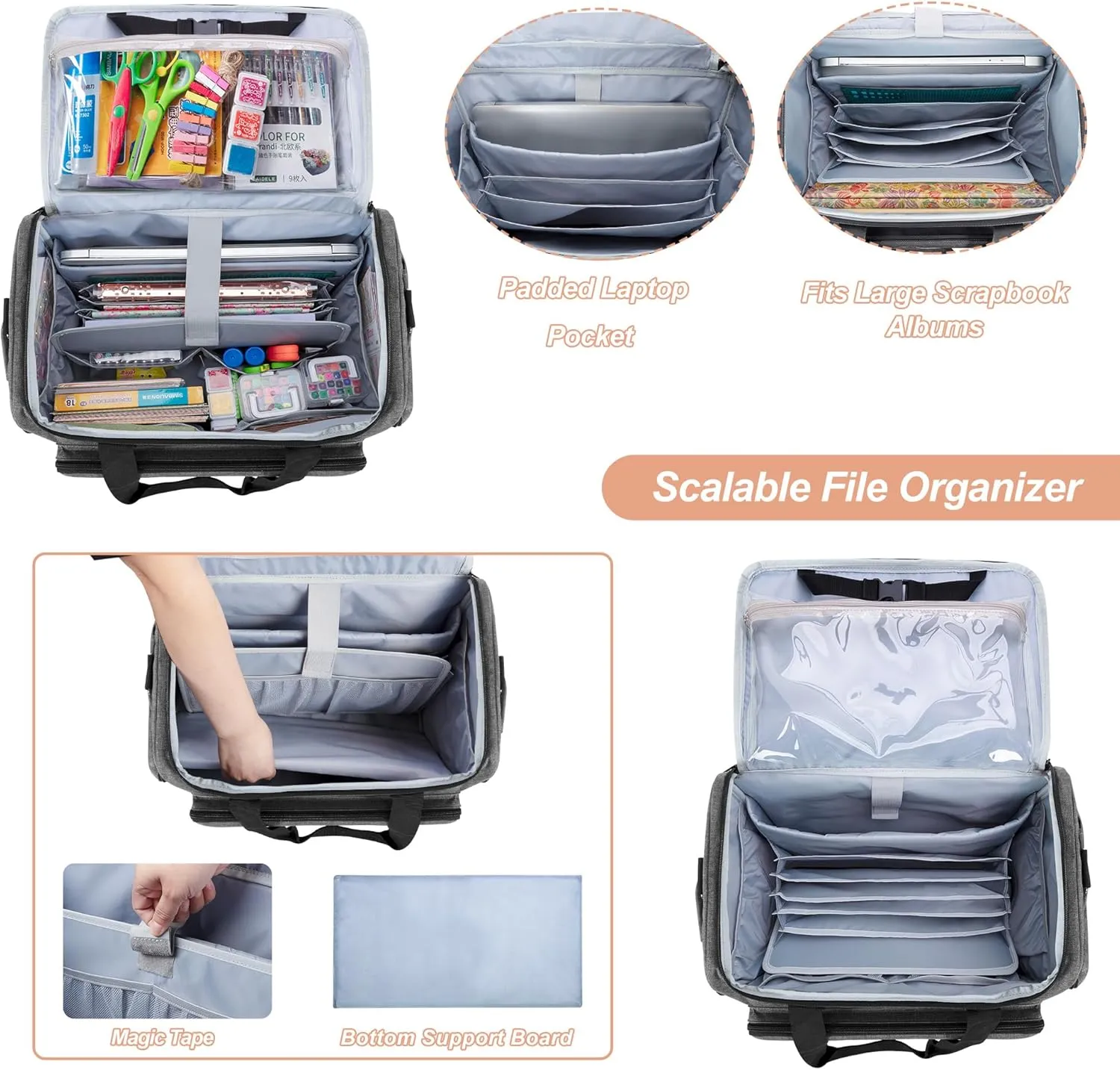 CURMIO Rolling Scrapbook Tote with Wheel, Craft Storage Bag with Expandable File Organizer for Scrapbook Supplies, Albums, Gray (Bag Only)