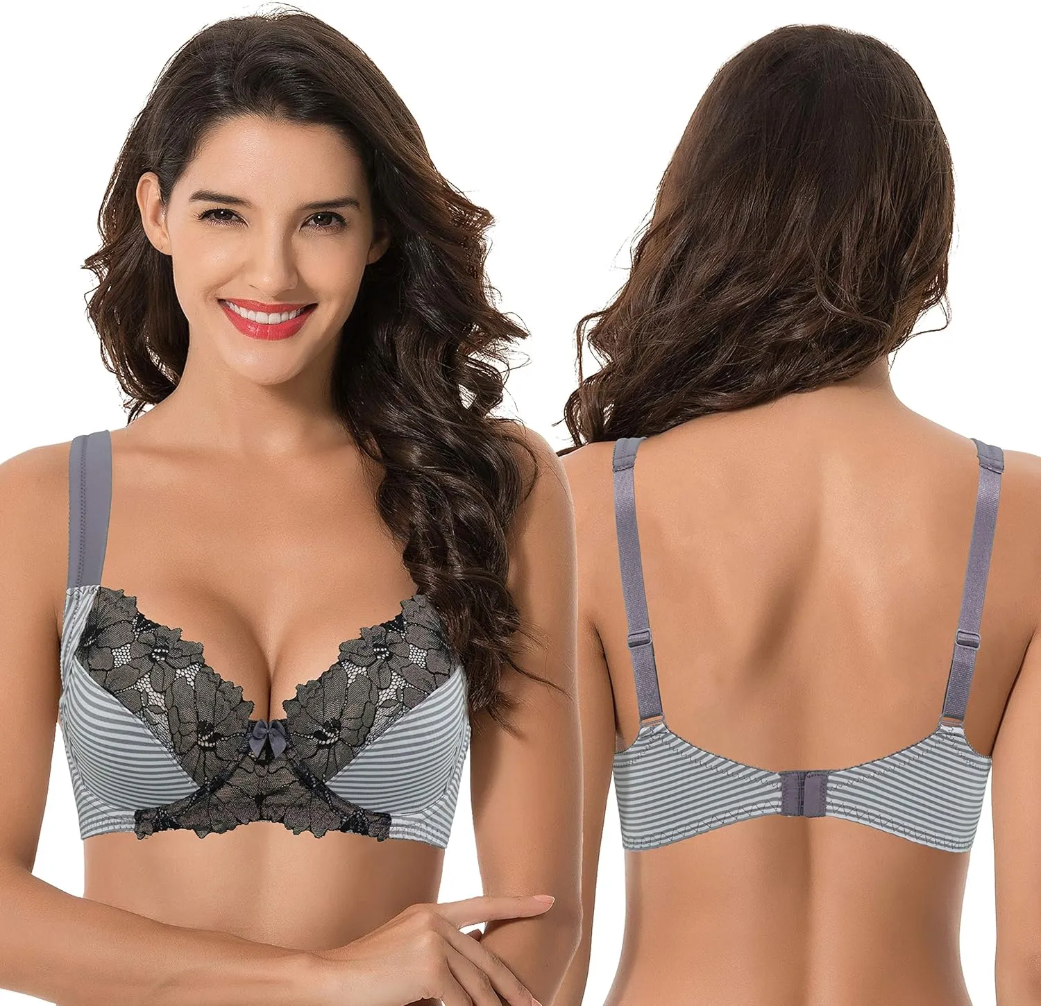 Curve Muse Women's Plus Size Unlined Underwire Lace Bra with Cushion Straps-2PK