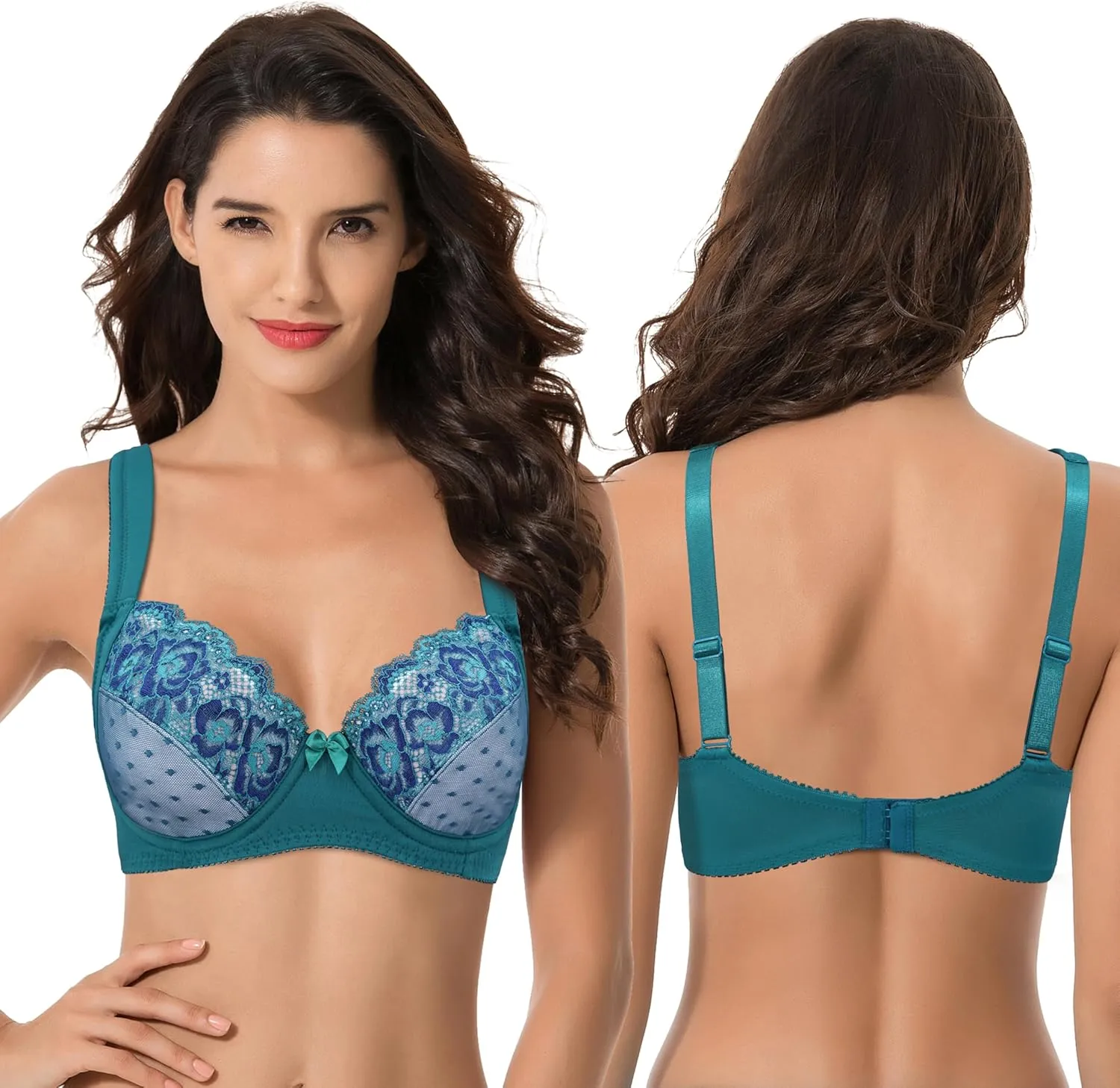 Curve Muse Women's Plus Size Unlined Underwire Lace Bra with Cushion Straps-2PK