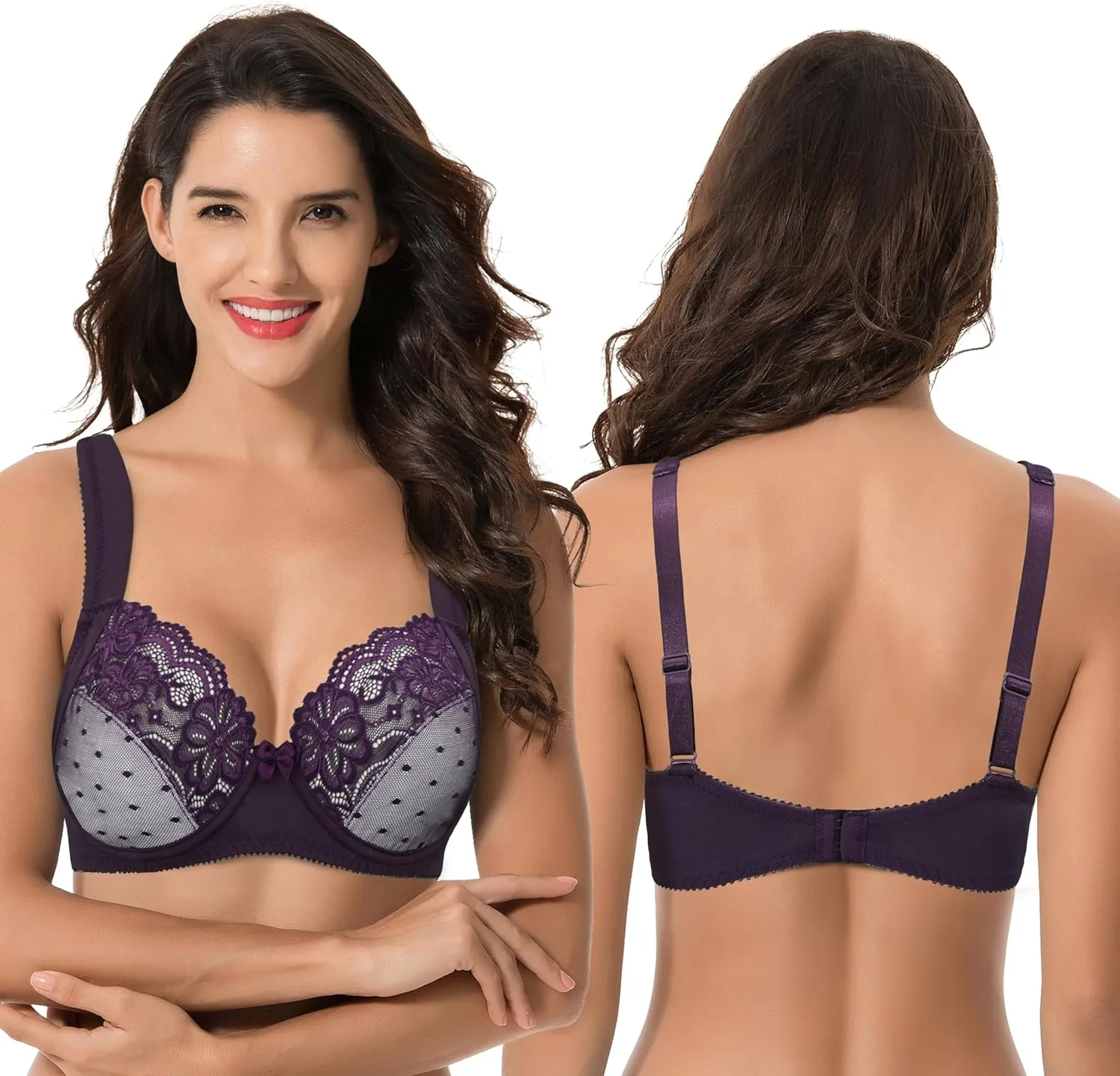 Curve Muse Women's Plus Size Unlined Underwire Lace Bra with Cushion Straps-2PK
