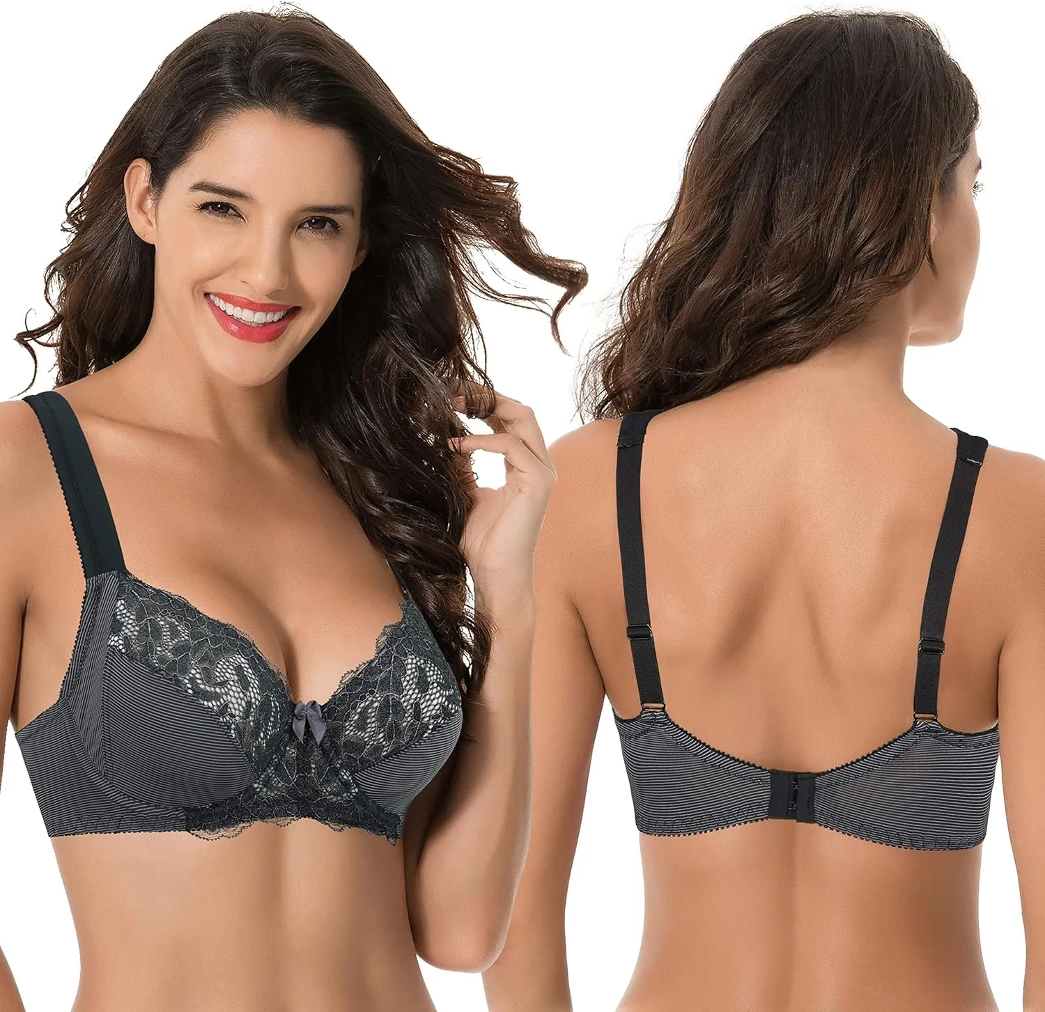 Curve Muse Women's Plus Size Unlined Underwire Lace Bra with Cushion Straps-2PK