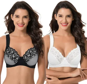 Curve Muse Women's Plus Size Unlined Underwire Lace Bra with Cushion Straps-2PK