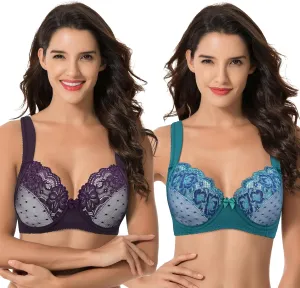 Curve Muse Women's Plus Size Unlined Underwire Lace Bra with Cushion Straps-2PK
