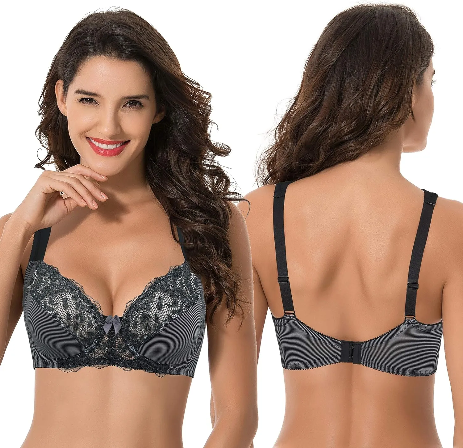 Curve Muse Women's Plus Size Unlined Underwire Lace Bra with Cushion Straps-2PK