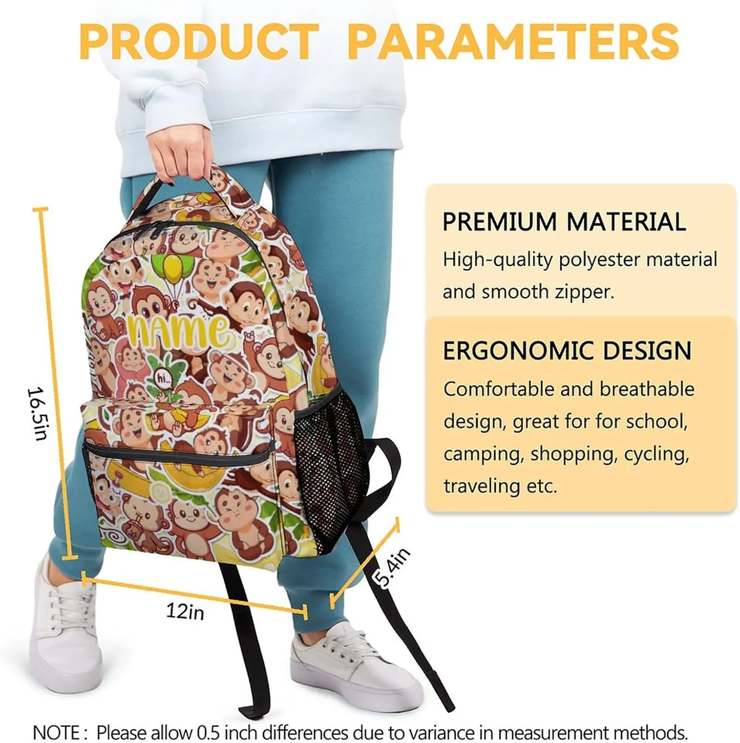 Custom Monkey Backpack for Girls & Boys, 16 Inch Monkeys Print Backpacks for School, Cute Lightweight Bookbag for Kids