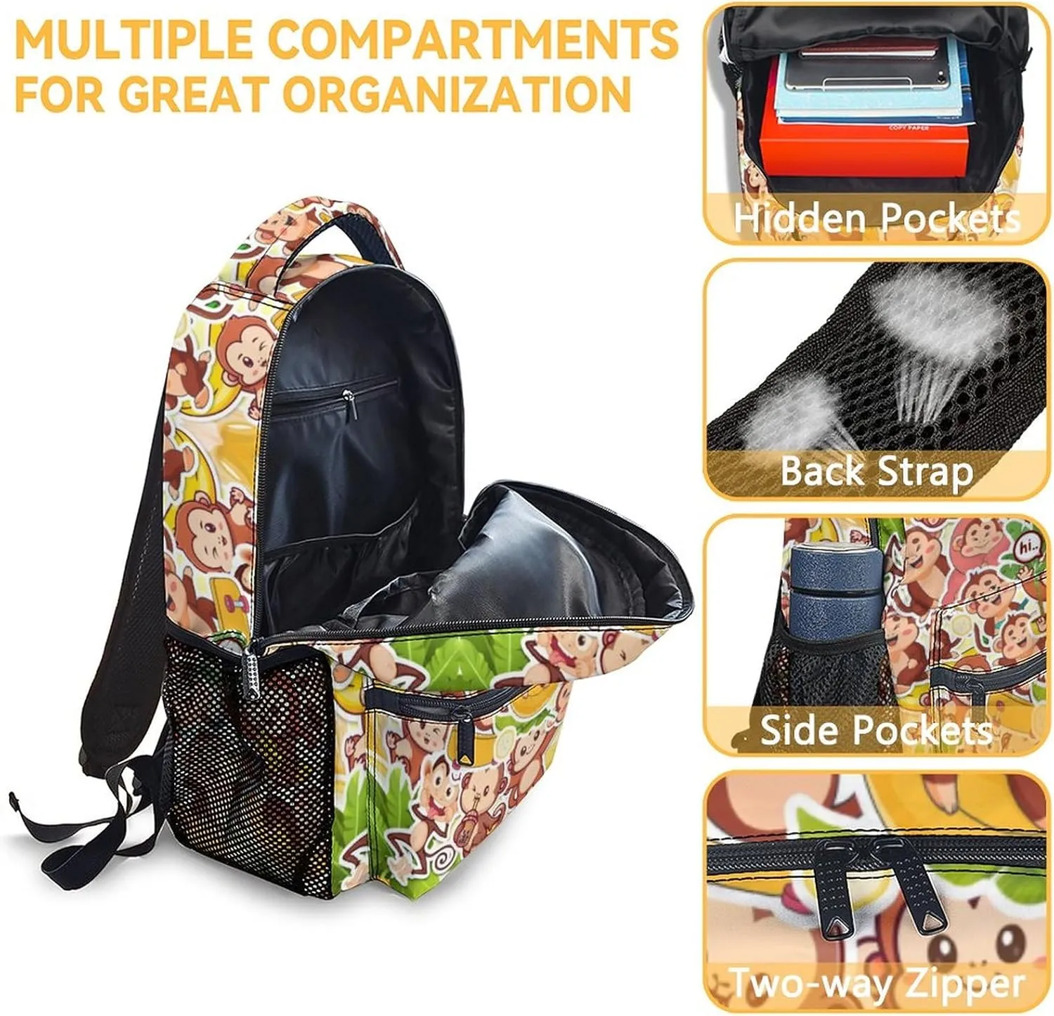 Custom Monkey Backpack for Girls & Boys, 16 Inch Monkeys Print Backpacks for School, Cute Lightweight Bookbag for Kids