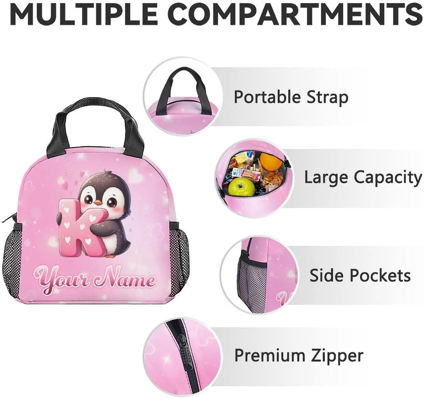 Custom Penguin Backpack with Lunch Box and Pencil Case Set, 3PCS Matching Kids Girls Backpacks Combo, Pink Cute Bookbag and Pencil Case Bundle