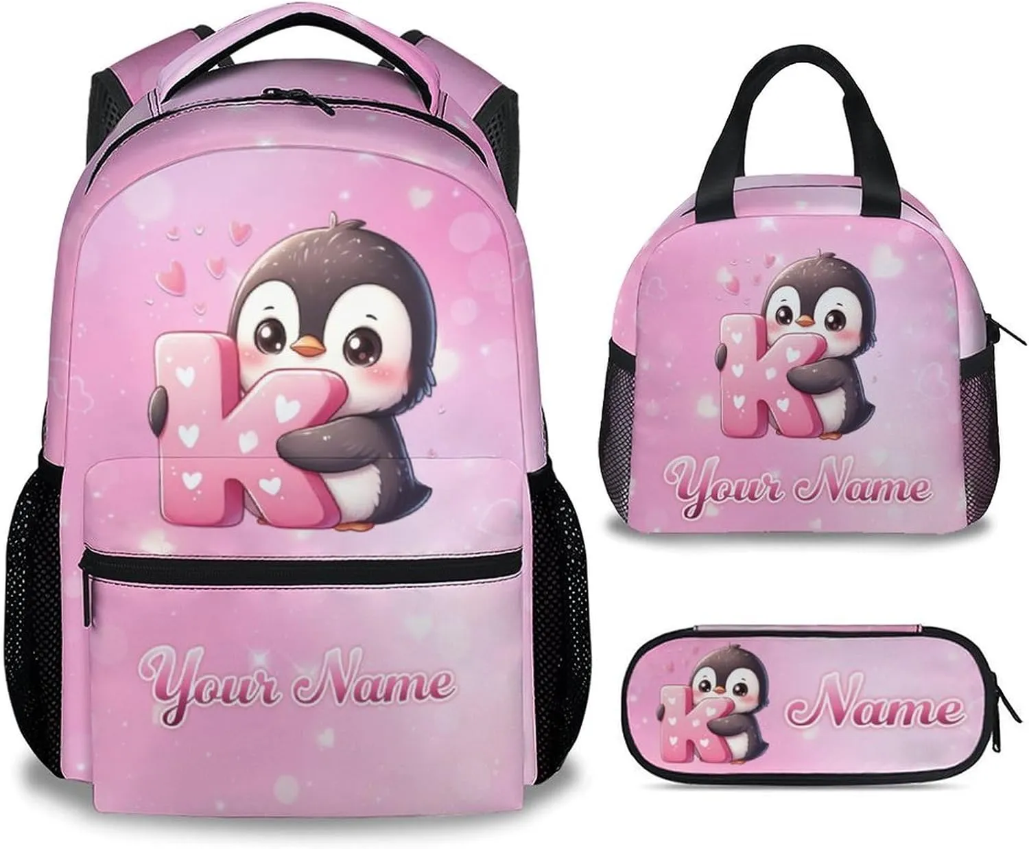 Custom Penguin Backpack with Lunch Box and Pencil Case Set, 3PCS Matching Kids Girls Backpacks Combo, Pink Cute Bookbag and Pencil Case Bundle