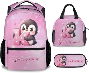 Custom Penguin Backpack with Lunch Box and Pencil Case Set, 3PCS Matching Kids Girls Backpacks Combo, Pink Cute Bookbag and Pencil Case Bundle