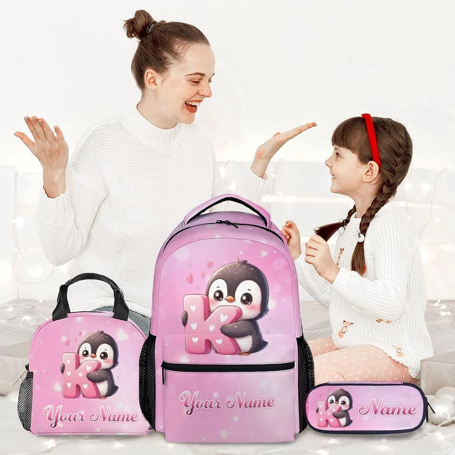 Custom Penguin Backpack with Lunch Box and Pencil Case Set, 3PCS Matching Kids Girls Backpacks Combo, Pink Cute Bookbag and Pencil Case Bundle