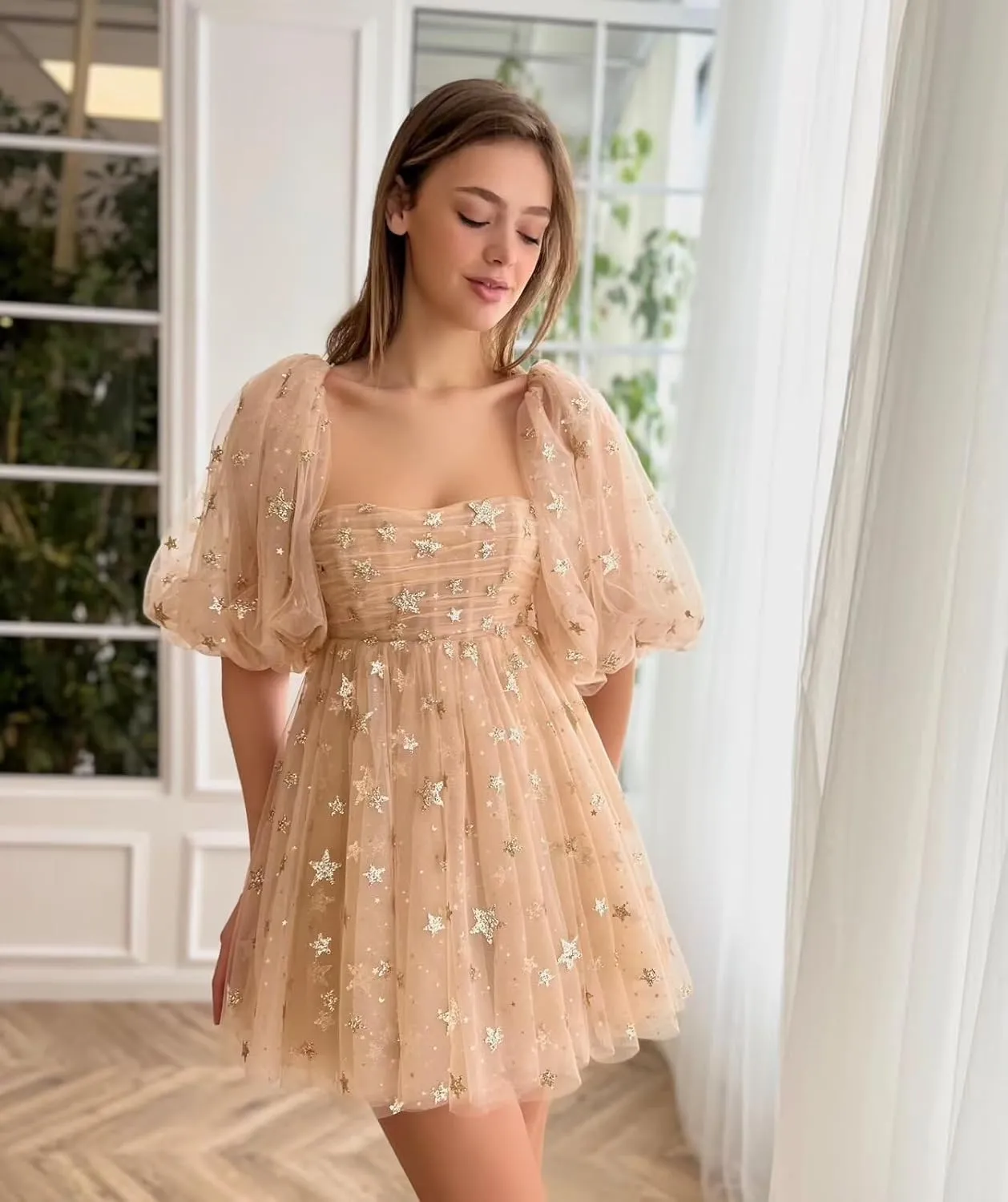Custom Sparkly Starry Tulle Short Homecoming Dresses for Teens Glitter Star Mini Prom Dress Puffy Sleeve Formal Gown