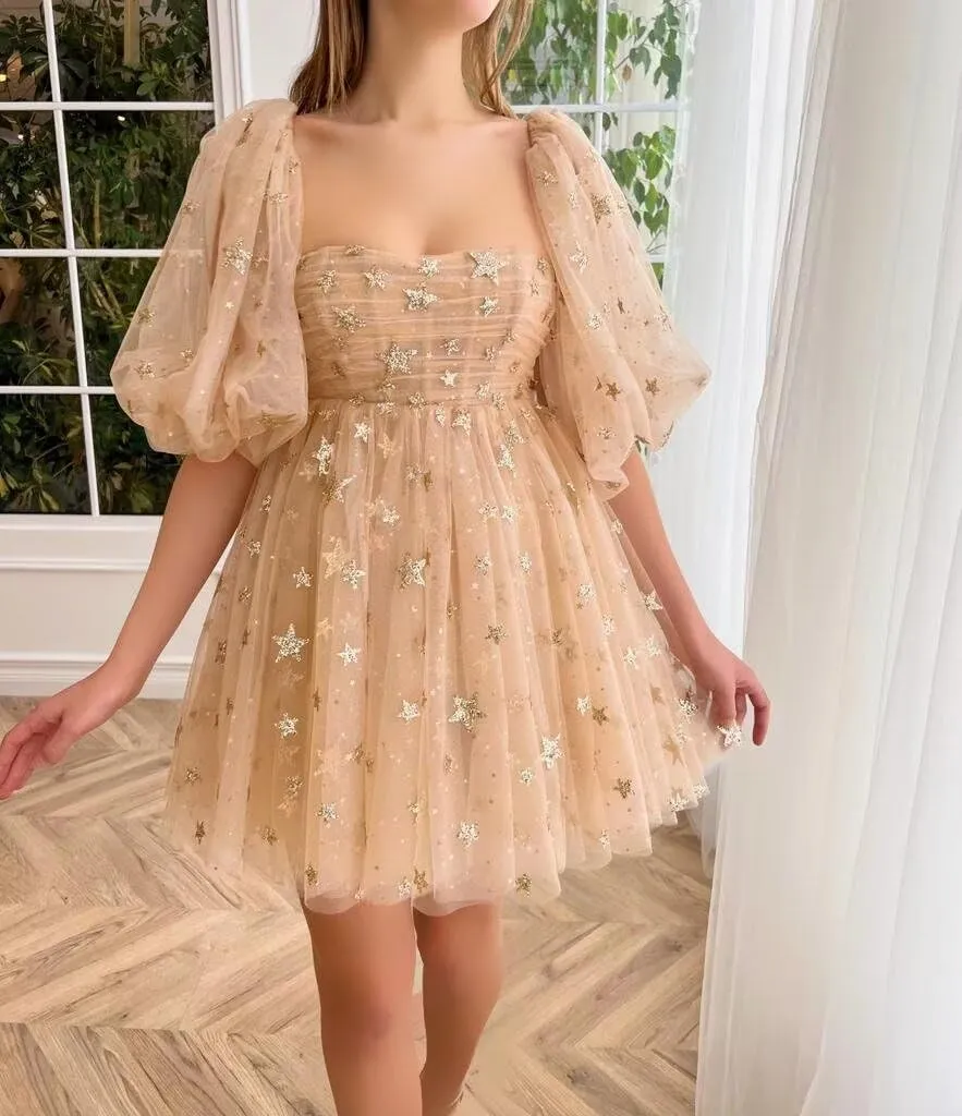 Custom Sparkly Starry Tulle Short Homecoming Dresses for Teens Glitter Star Mini Prom Dress Puffy Sleeve Formal Gown