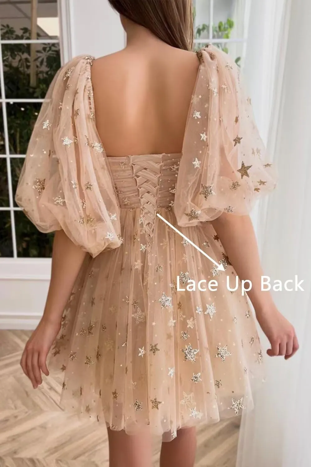Custom Sparkly Starry Tulle Short Homecoming Dresses for Teens Glitter Star Mini Prom Dress Puffy Sleeve Formal Gown