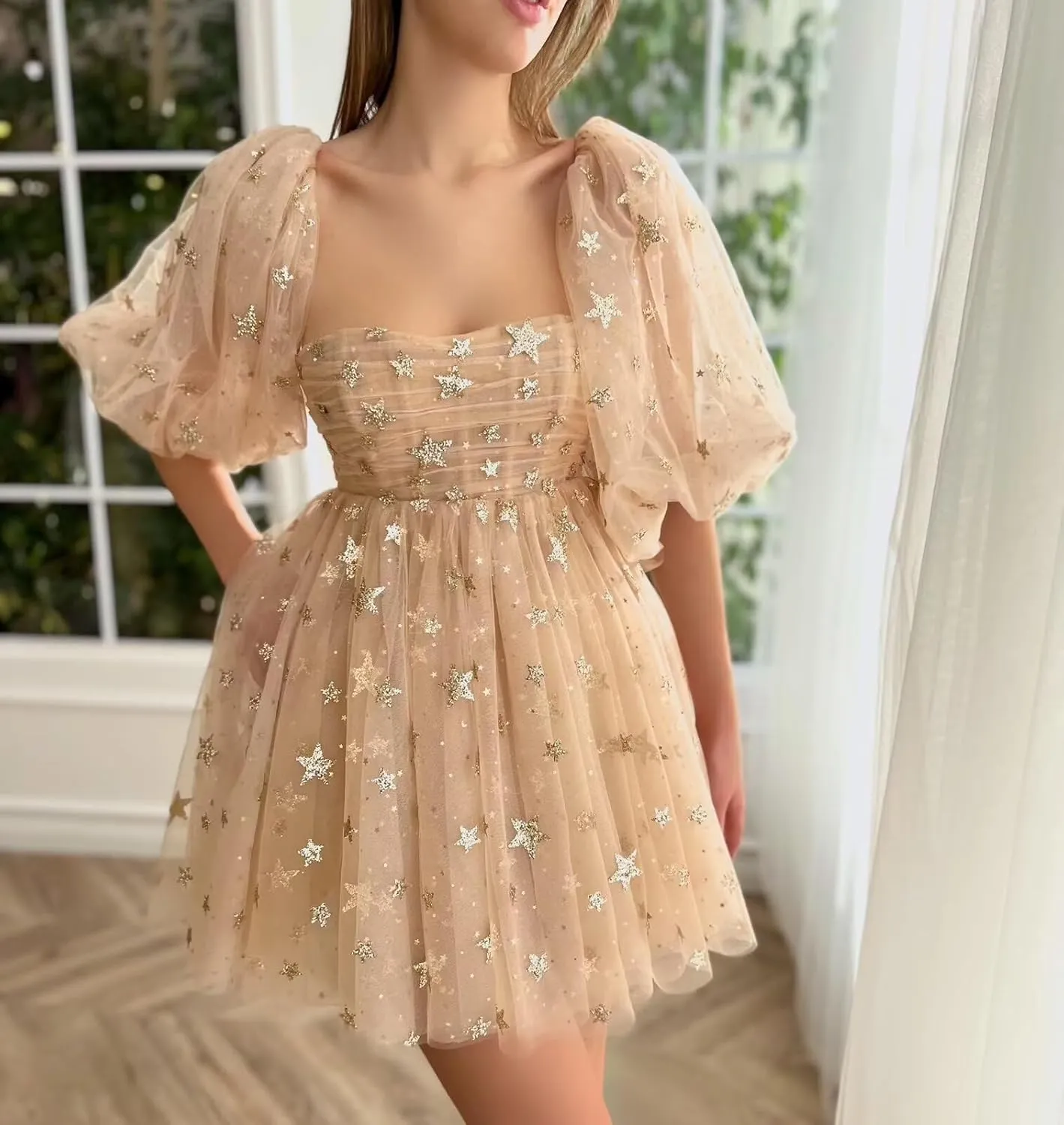 Custom Sparkly Starry Tulle Short Homecoming Dresses for Teens Glitter Star Mini Prom Dress Puffy Sleeve Formal Gown