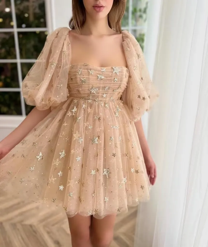 Custom Sparkly Starry Tulle Short Homecoming Dresses for Teens Glitter Star Mini Prom Dress Puffy Sleeve Formal Gown