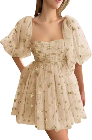 Custom Sparkly Starry Tulle Short Homecoming Dresses for Teens Glitter Star Mini Prom Dress Puffy Sleeve Formal Gown