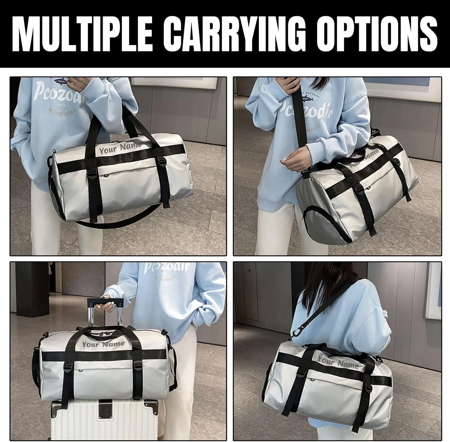 Customizable Sports Duffel Bag with Embroidery Option - 7 Color Reversible Travel and Gym Bag with Wet Bag and Shoe Compartment (19.7x9.8x9.8 in)