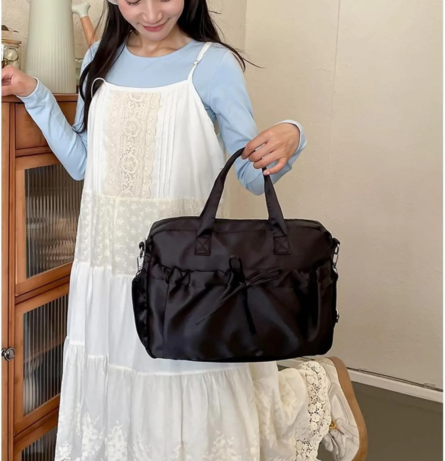 Cute BowTote Bag Kwaii Shoulder Bags Aesthetic Satin Handmade Purse Y2K Butterfly Shoujo Totebags