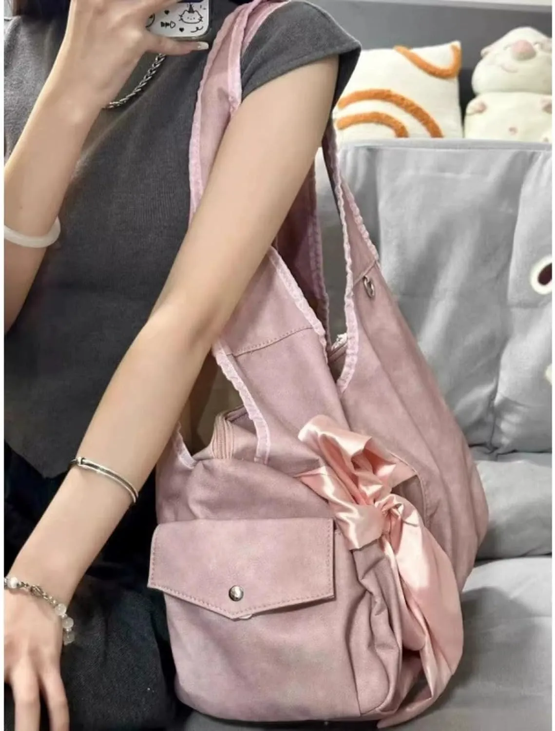Cute BowTote Bag Kwaii Shoulder Bags Aesthetic Satin Handmade Purse Y2K Butterfly Shoujo Totebags