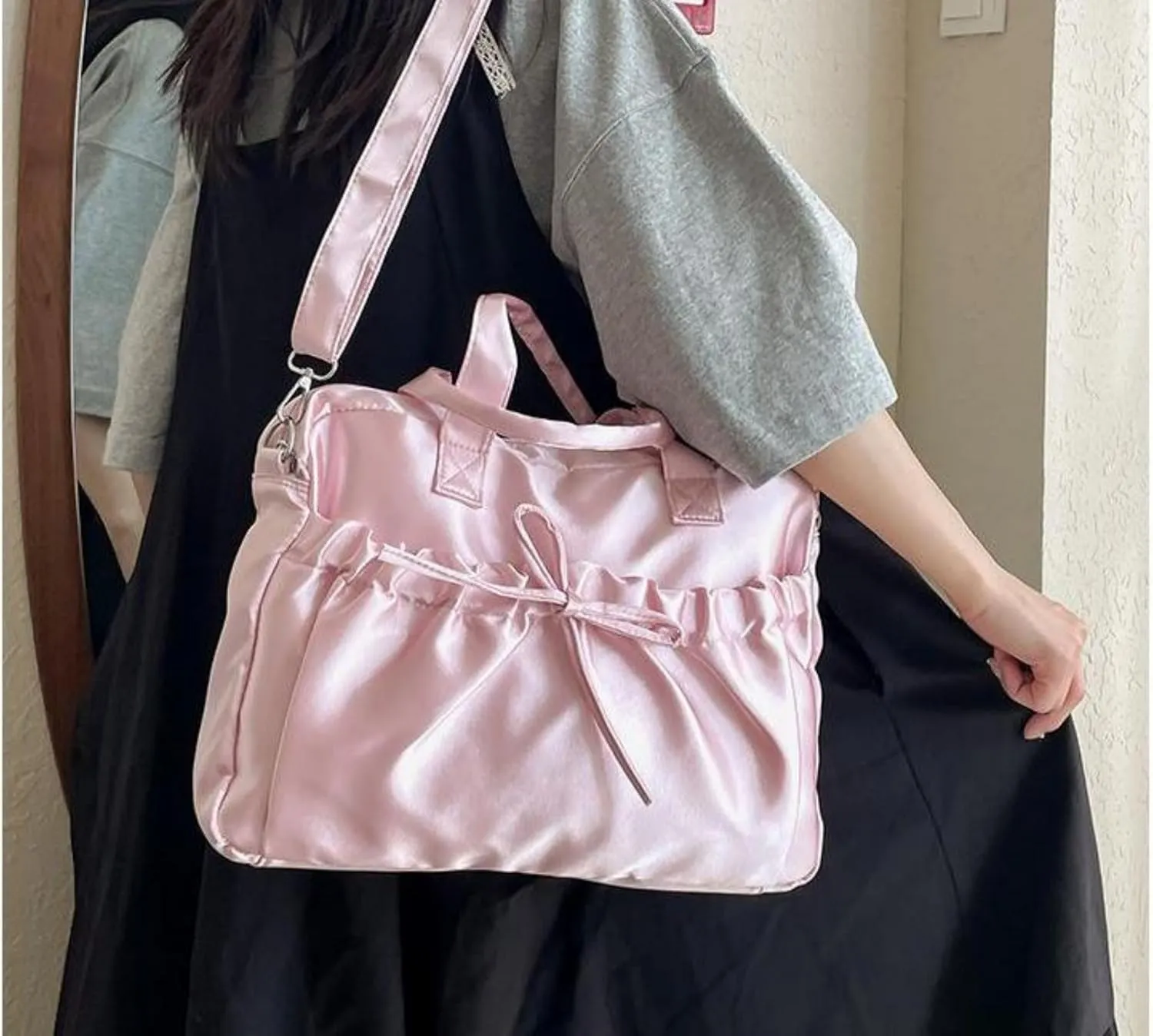 Cute BowTote Bag Kwaii Shoulder Bags Aesthetic Satin Handmade Purse Y2K Butterfly Shoujo Totebags