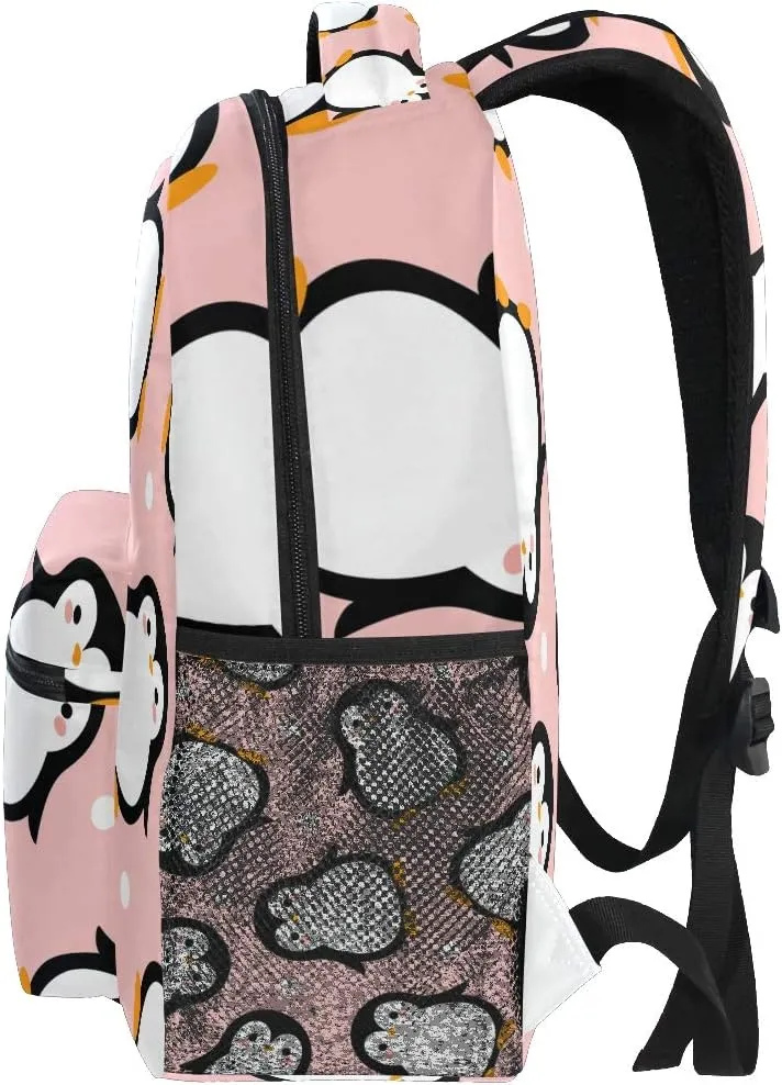 Cute Penguin Backpack for Boys Girls Kids Cartoon Pink Sea Animals Dots Student Bookbag School Bag 14 inch Laptop Backpacks Travel Daypack Shoulder Bag