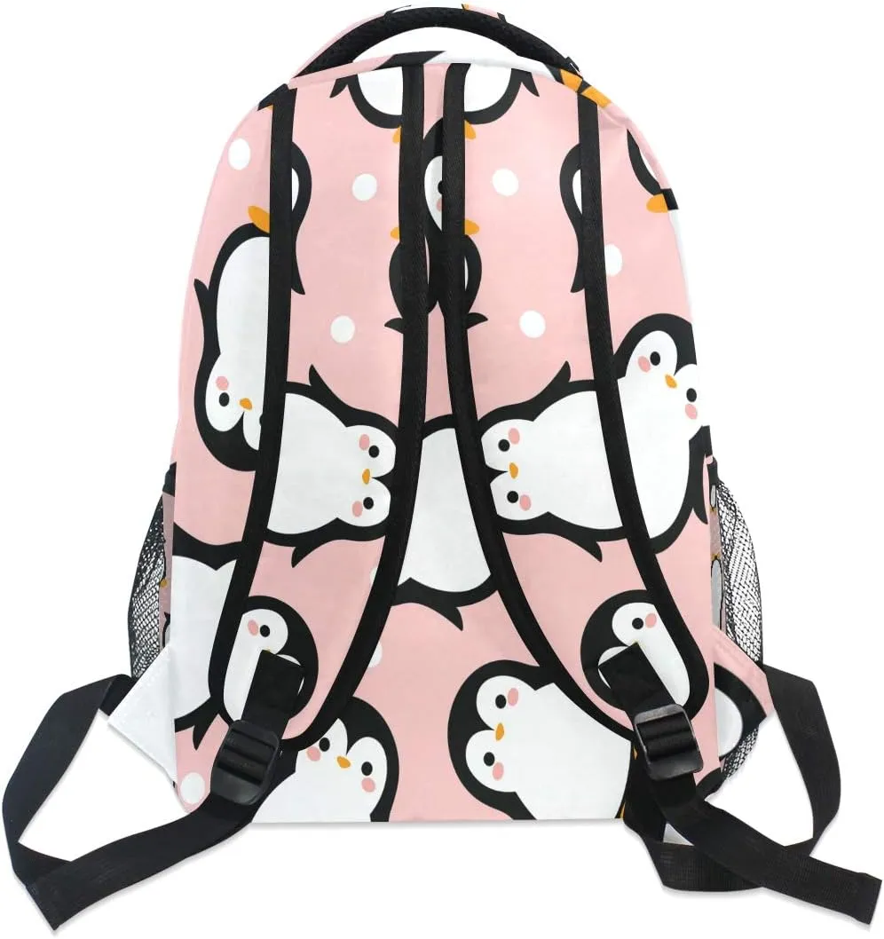 Cute Penguin Backpack for Boys Girls Kids Cartoon Pink Sea Animals Dots Student Bookbag School Bag 14 inch Laptop Backpacks Travel Daypack Shoulder Bag