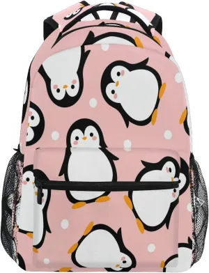 Cute Penguin Backpack for Boys Girls Kids Cartoon Pink Sea Animals Dots Student Bookbag School Bag 14 inch Laptop Backpacks Travel Daypack Shoulder Bag