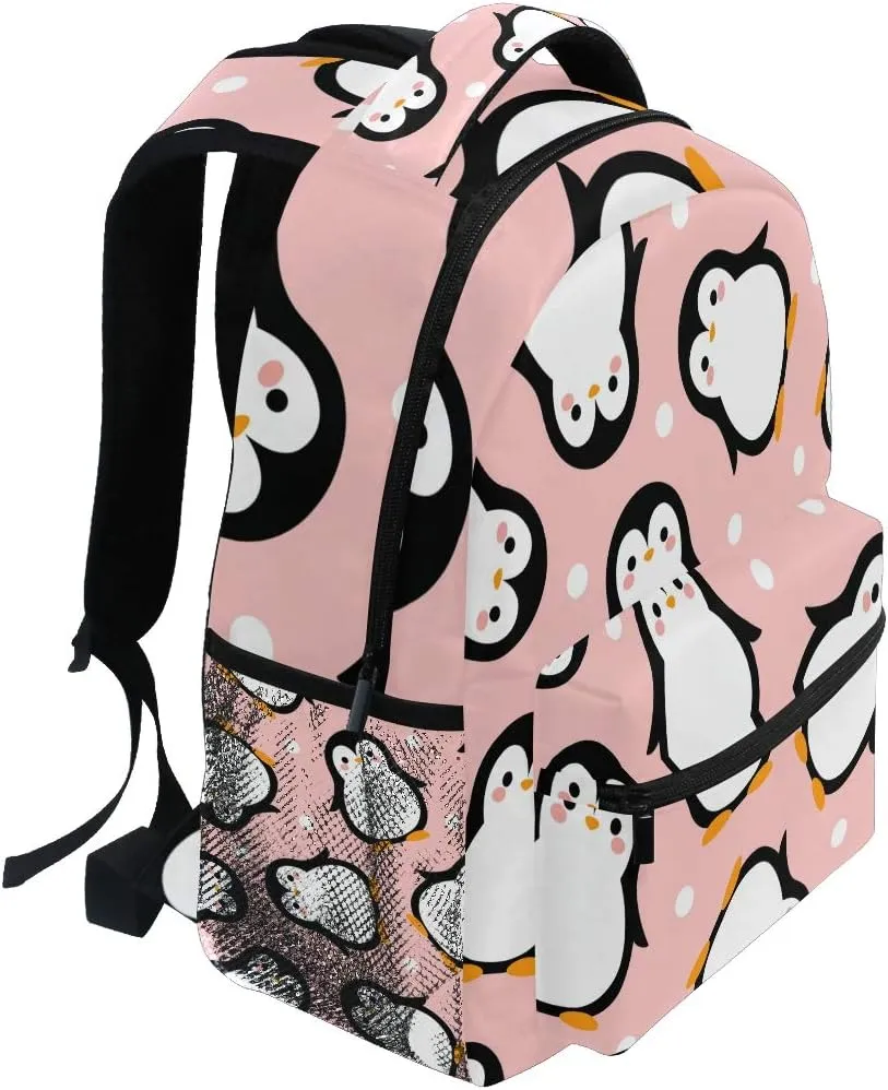 Cute Penguin Backpack for Boys Girls Kids Cartoon Pink Sea Animals Dots Student Bookbag School Bag 14 inch Laptop Backpacks Travel Daypack Shoulder Bag