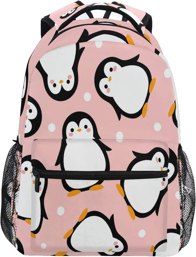 Cute Penguin Backpack for Boys Girls Kids Cartoon Pink Sea Animals Dots Student Bookbag School Bag 14 inch Laptop Backpacks Travel Daypack Shoulder Bag