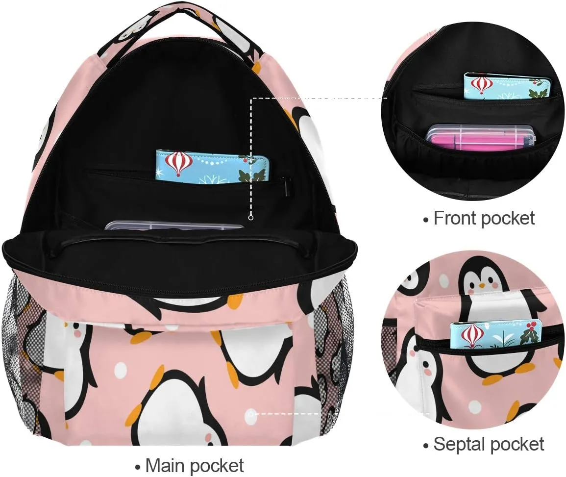 Cute Penguin Backpack for Boys Girls Kids Cartoon Pink Sea Animals Dots Student Bookbag School Bag 14 inch Laptop Backpacks Travel Daypack Shoulder Bag