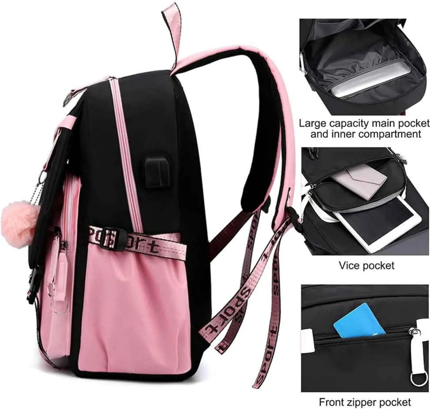 Cute School Backpack for Girls Kawaii Travel Laptop Bookbag School Bags Cartoon 18 Inch Child Kids Backpacks Pink