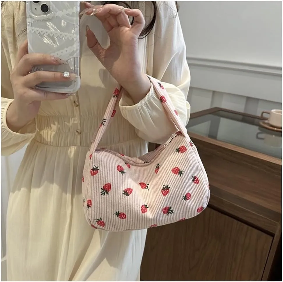 Cutecore Strawberry Corduroy Shoulder Purse Small Shoulder Bag Handbag Mini Casual Bags Cutecore Stuff