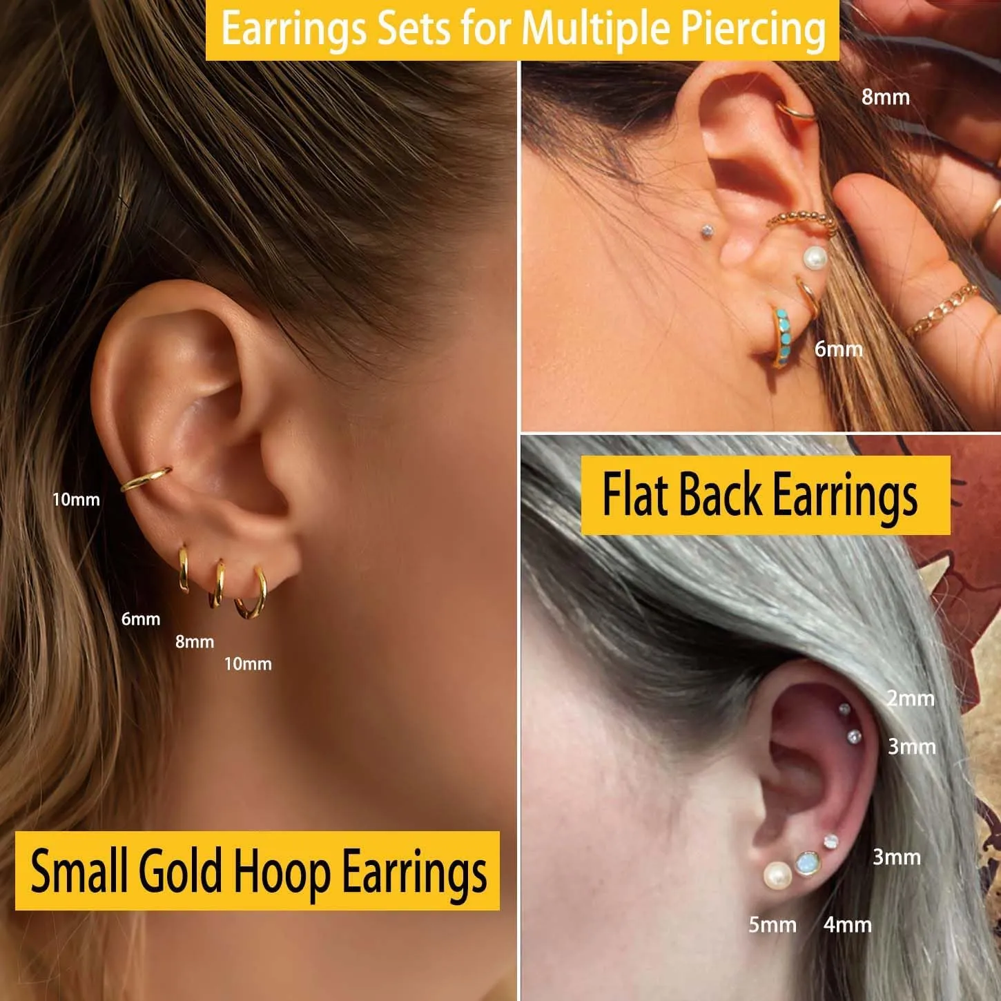 Dainty 6 Pairs Surgical Steel Earrings Sets for Multiple Piercing, Lightweight 14K Gold Plated Small Huggie Hoop Earrings, Flat Back Tiny Ball CZ Stud Earrings for Cartilage, Helix, Lobe, Hypoallergenic