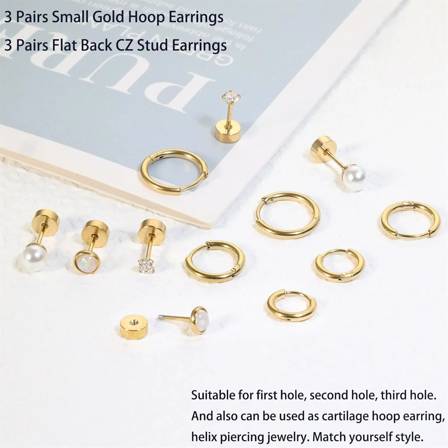 Dainty 6 Pairs Surgical Steel Earrings Sets for Multiple Piercing, Lightweight 14K Gold Plated Small Huggie Hoop Earrings, Flat Back Tiny Ball CZ Stud Earrings for Cartilage, Helix, Lobe, Hypoallergenic