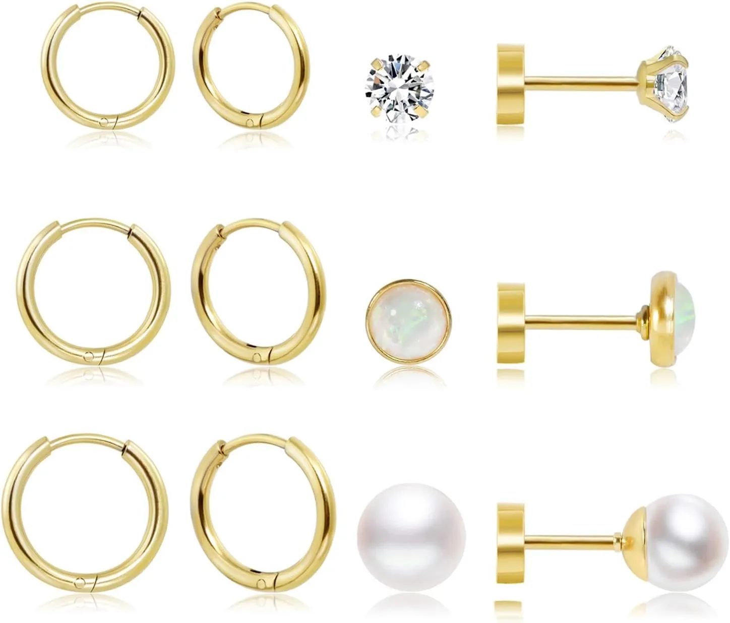 Dainty 6 Pairs Surgical Steel Earrings Sets for Multiple Piercing, Lightweight 14K Gold Plated Small Huggie Hoop Earrings, Flat Back Tiny Ball CZ Stud Earrings for Cartilage, Helix, Lobe, Hypoallergenic